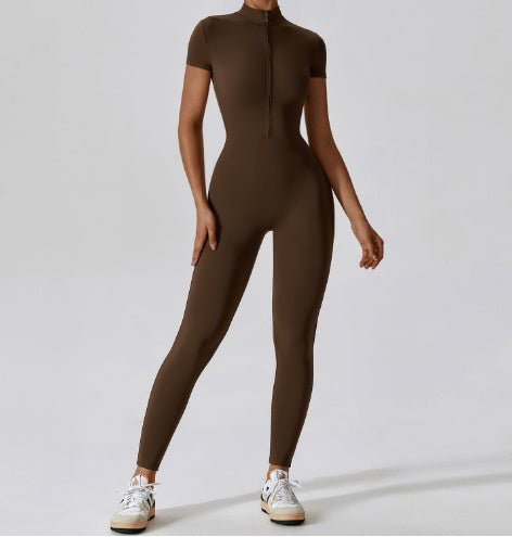 Zipper Short Sleeved Nude Yoga Jumpsuit For Women's Outerwear